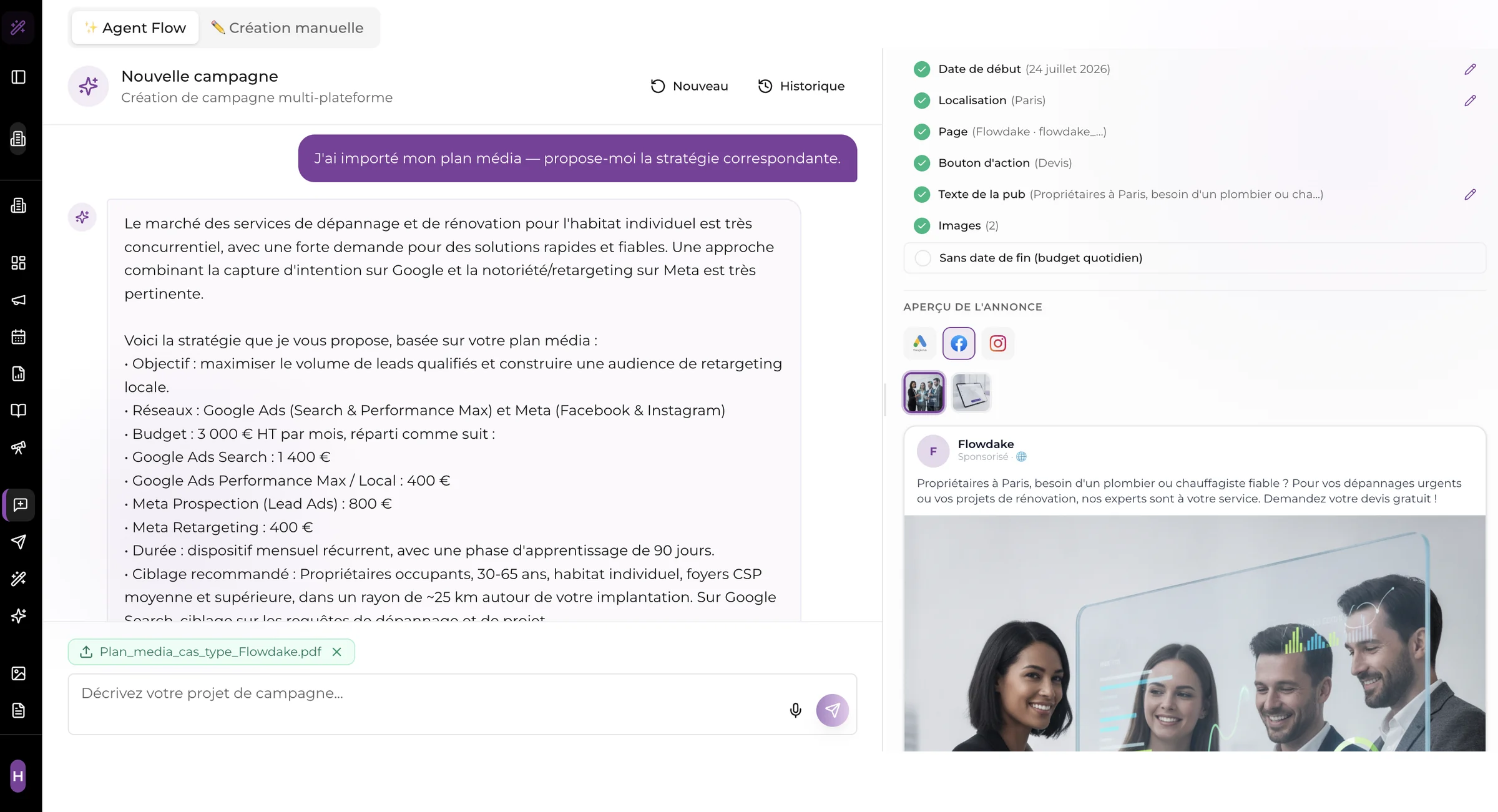 Le plan généré : les réseaux retenus, le budget réparti entre Meta et Google Ads, le texte de l'annonce et le visuel, à la marque de l'annonceur.